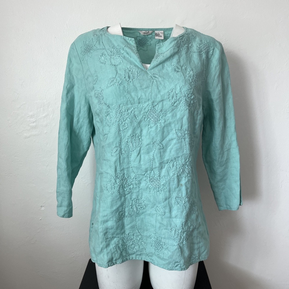 Edward 3/4 Sleeve 100%Linen Tunic Blouse Womens XL Blue Embroidered Zip Closure